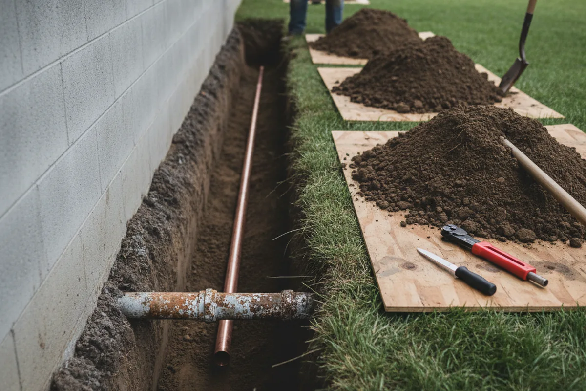 Excavated water line trench during Water Heater Repair in North Walpole